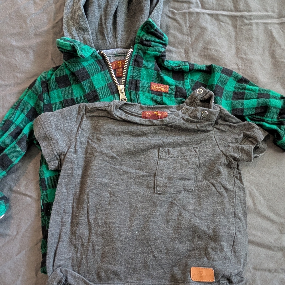 7 For All Mankind Green Plaid Hoodie and Gray Tee Set
